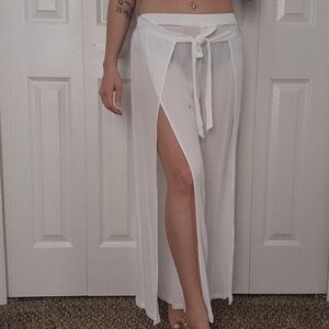 blue island Sheer White Maxi Skirt with Front Slit and Tie